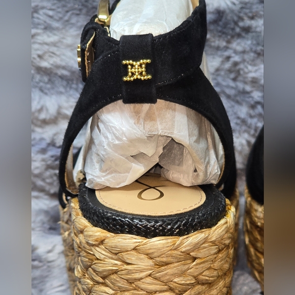 NWT Sam Edelman April Ankle-Strap Raffia-Wedge Sandals Black Size 6.5 - Picture 6 of 11